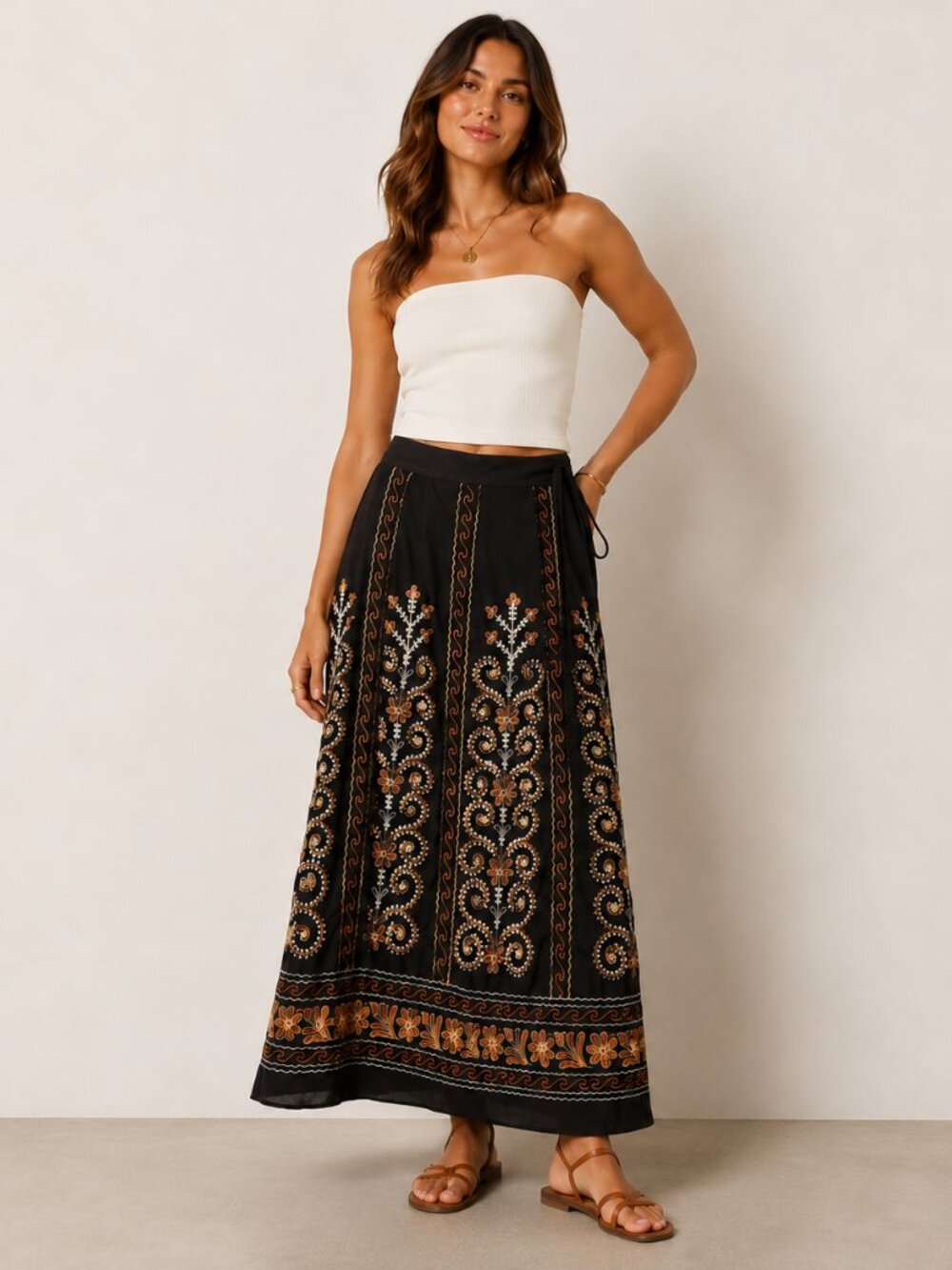 Black Embroidered Floral Bohemian Festival Maxi Skirt